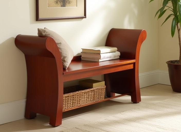 An elegant, gracefully curved solid cherry wood entryway bench.
