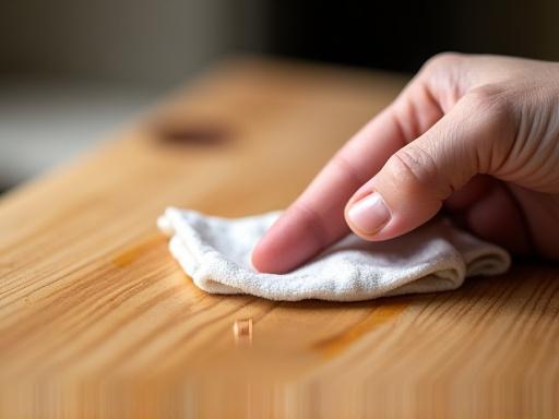 A cloth applying a natural oil finish to a finished wood surface.