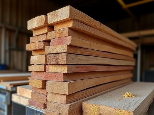 A stack of rough-sawn local hardwood planks.